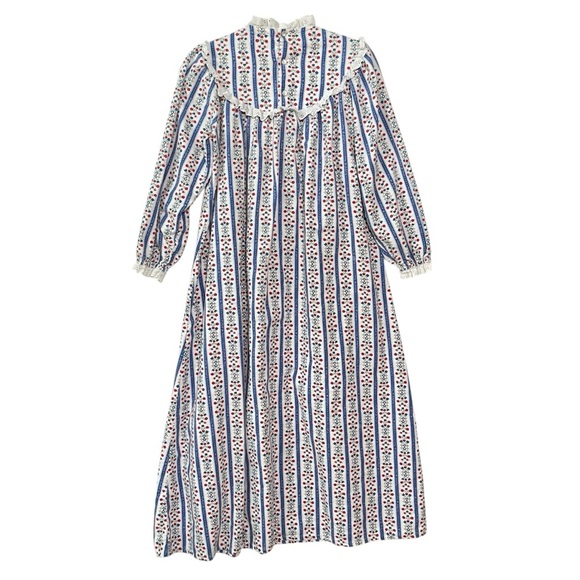 Lanz of Salzburg Vintage nightgown Flannel P Small Blue striped Ruffle womens - Picture 2 of 7